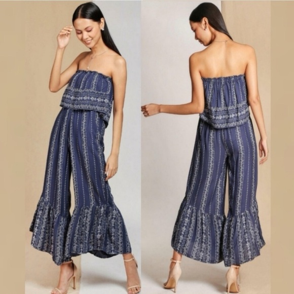 Japna Blue Paisley Wide Leg Flowy Strapless Jumpsuit Sz L Boho Coastal Western - Picture 1 of 7